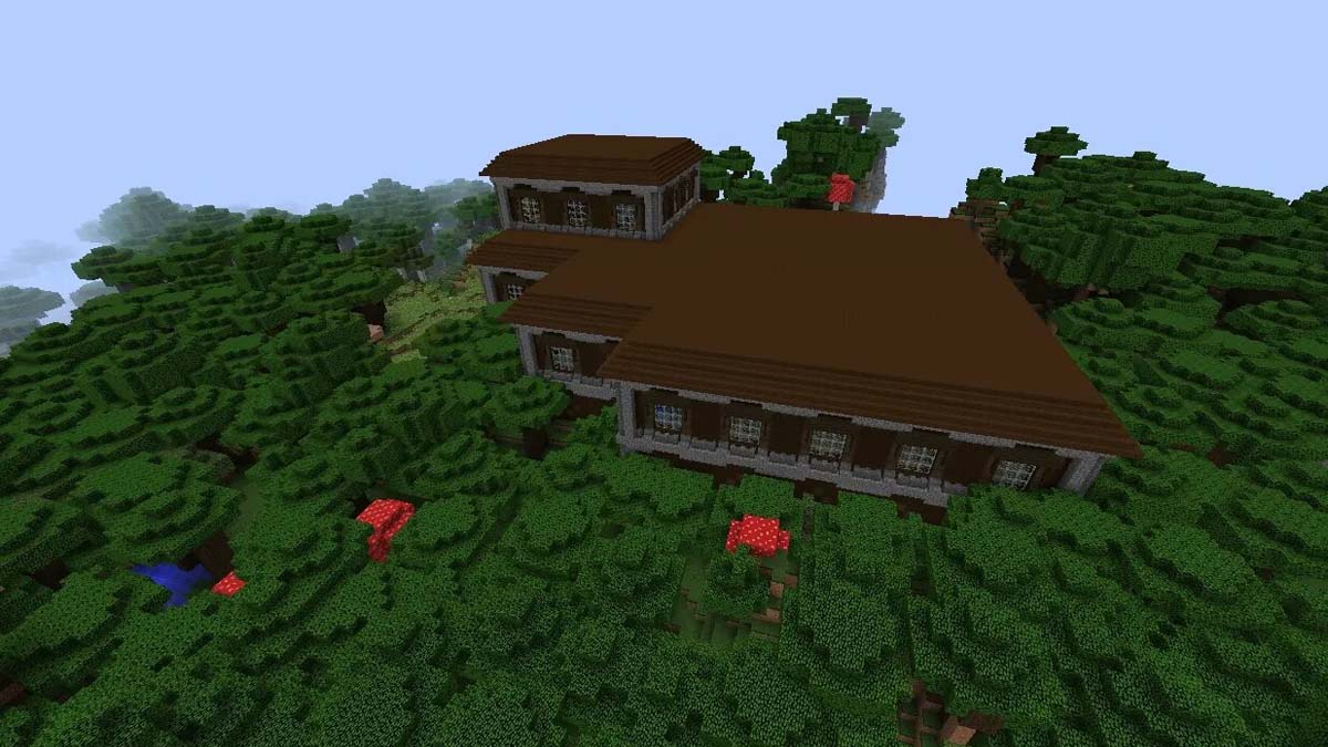 Manoir boisé avec de nombreux coins dans Minecraft