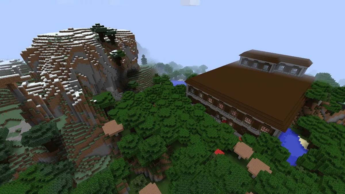 Manoir boisé près d’une montagne dans Minecraft