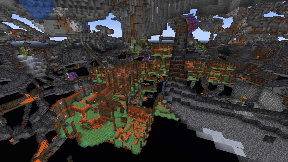 Immense chambre d'essai avec salle d'éruption dans Minecraft