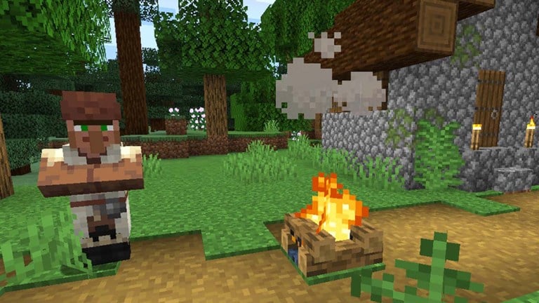 A villager stands next to a hut in Minecraft