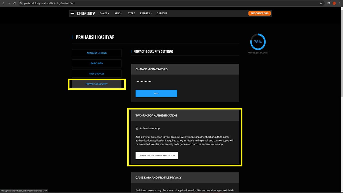 Authentification à deux facteurs du compte Call of Duty