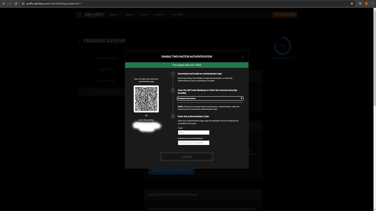 Activation de l'authentification à deux facteurs du compte Call of Duty