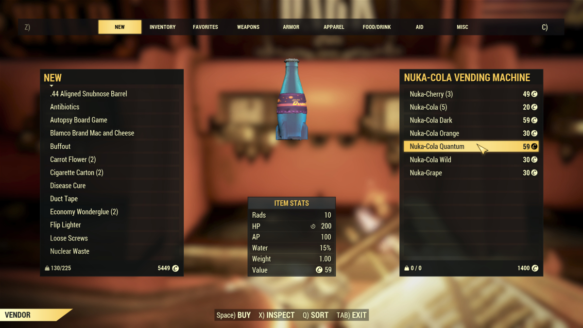 Acheter un Nuka-Cola Quantum au distributeur automatique Nuka-Cola de Nuka-World on Tour dans Fallout 76.