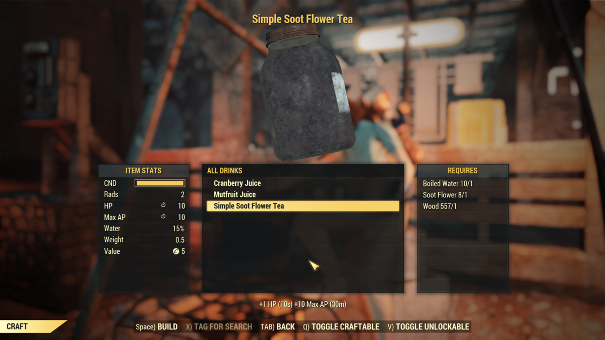 Préparer un simple thé aux fleurs de suie dans Fallout 76.