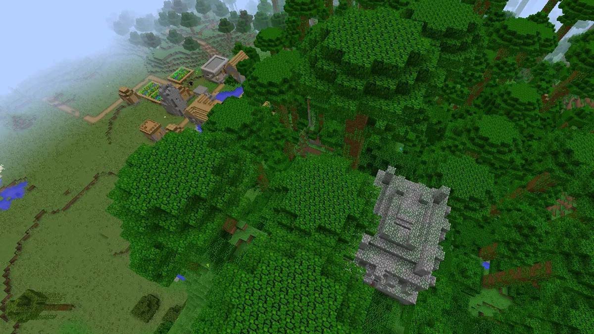 Temple de la jungle à côté d'un village dans Minecraft