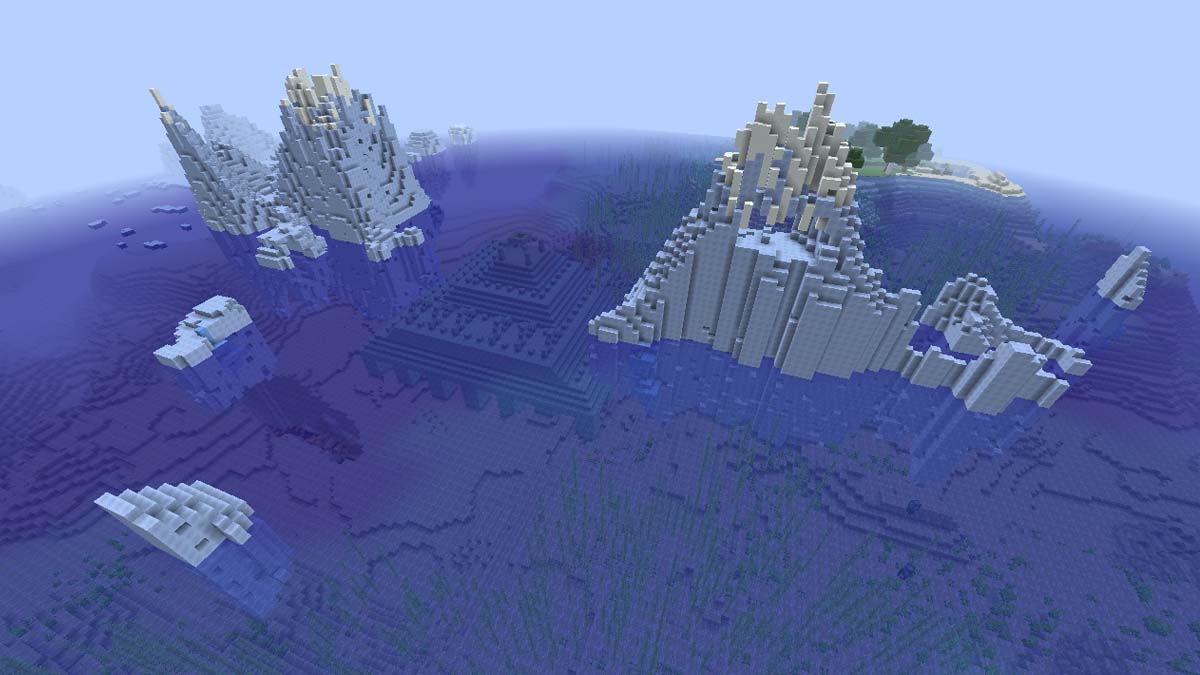 Icebergs et monument océanique dans Minecraft