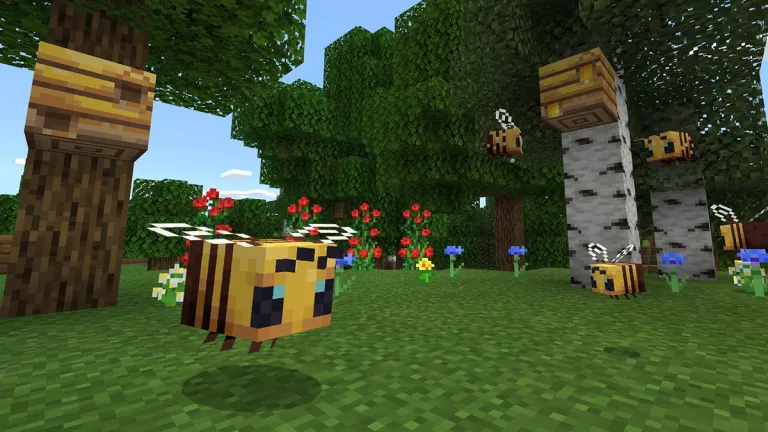 Bees flying in the forest in Minecraft