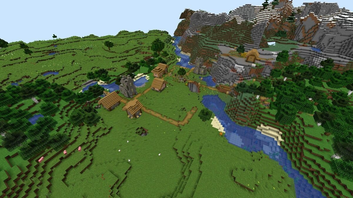 Rivière, collines et village dans Minecraft