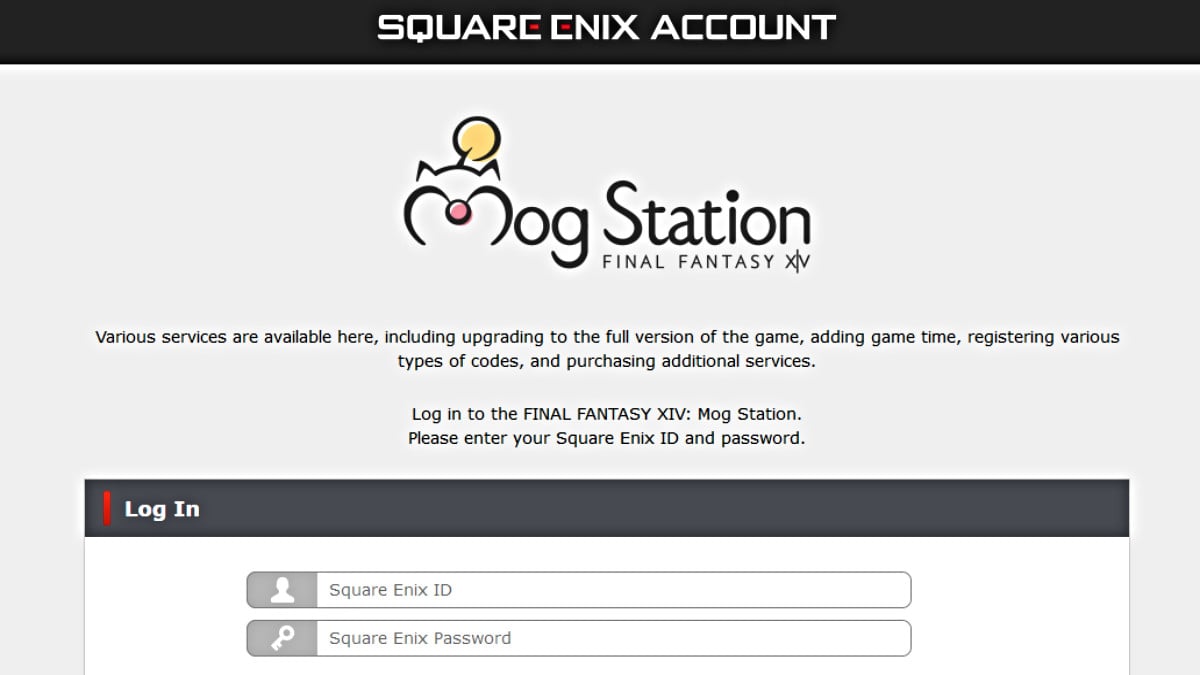 Page de connexion de Mog Station pour Final Fantasy XIV