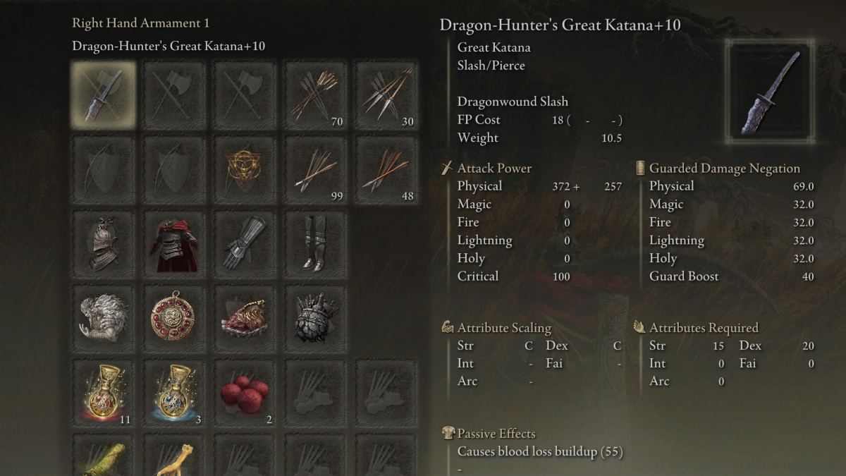 Détails du grand katana de Dragon-Hunter dans Elden Ring