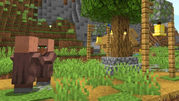 Two villager NPCs talk to each other in Minecraft