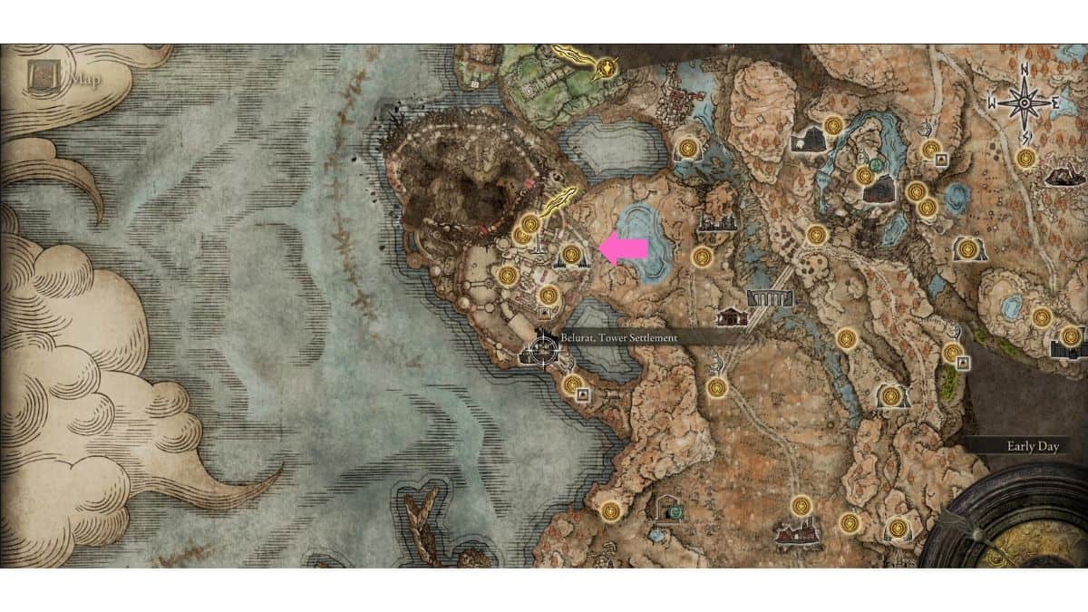 La carte d'Elden Ring montrant l'emplacement du boss Demihuman Swordmaster Onze