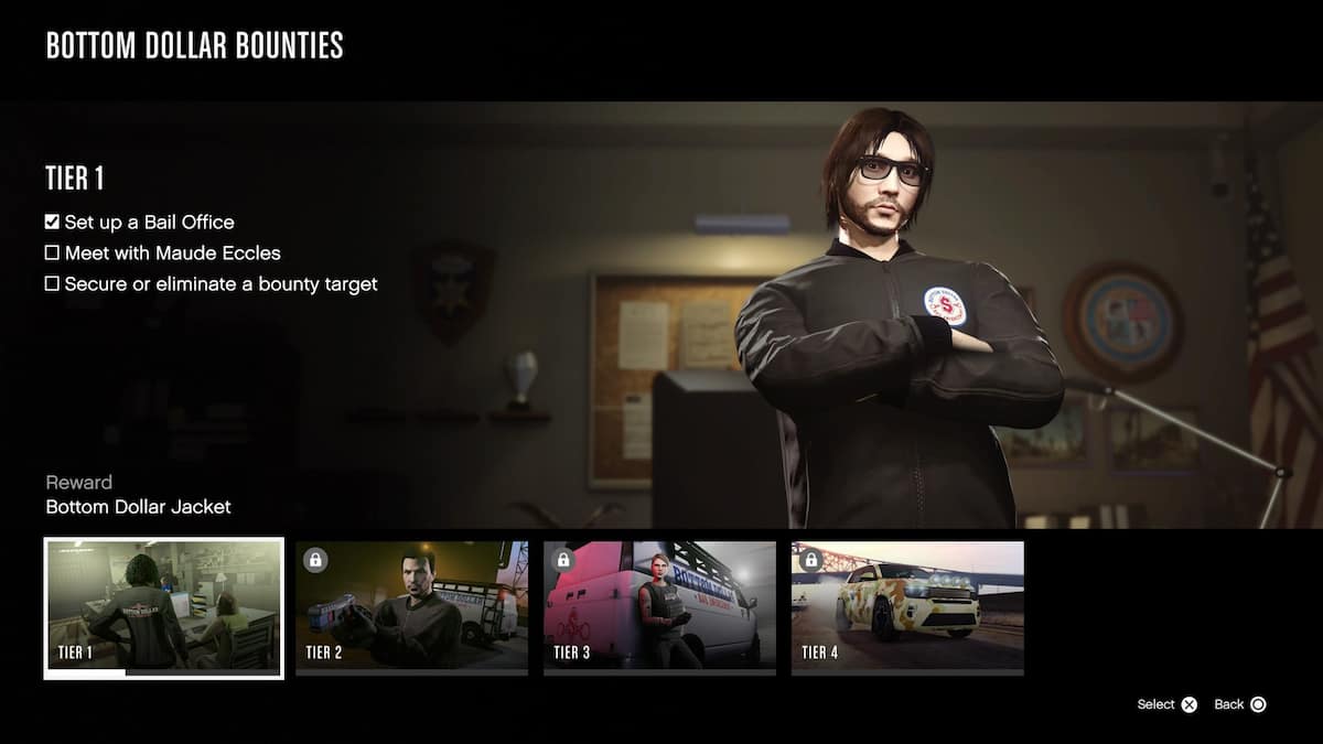 Écran de l'interface de GTA Online affichant la progression de carrière « Bottom Dollar Bounties » pour le niveau 1