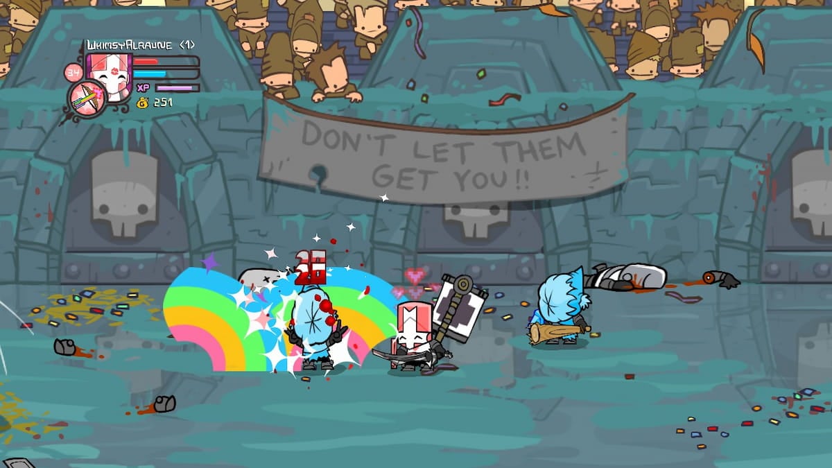 Le chevalier rose de Castle Crashers fait une attaque splash arc-en-ciel