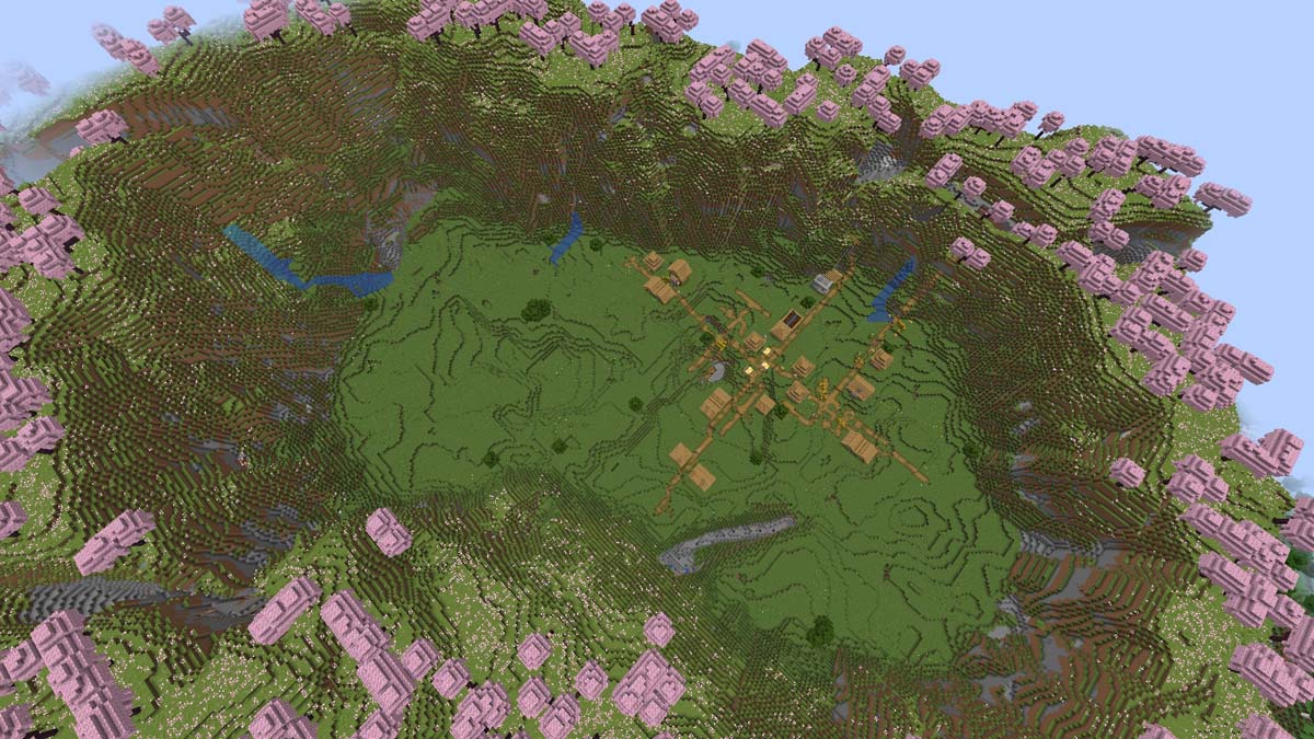 Cerisaie et village dans Minecraft