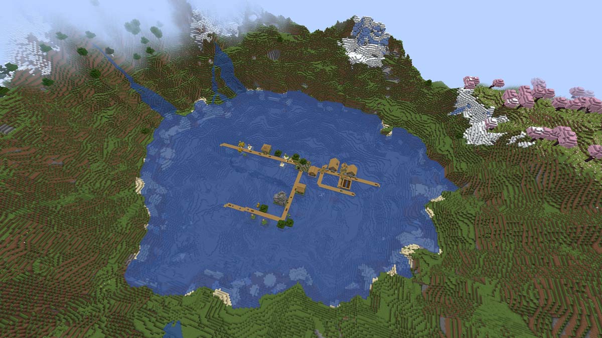 Petit village au bord du lac dans Minecraft