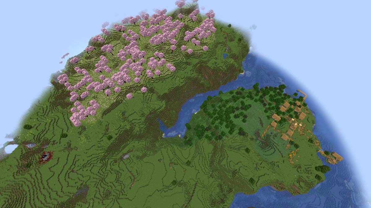 Cerisaie et village dans Minecraft