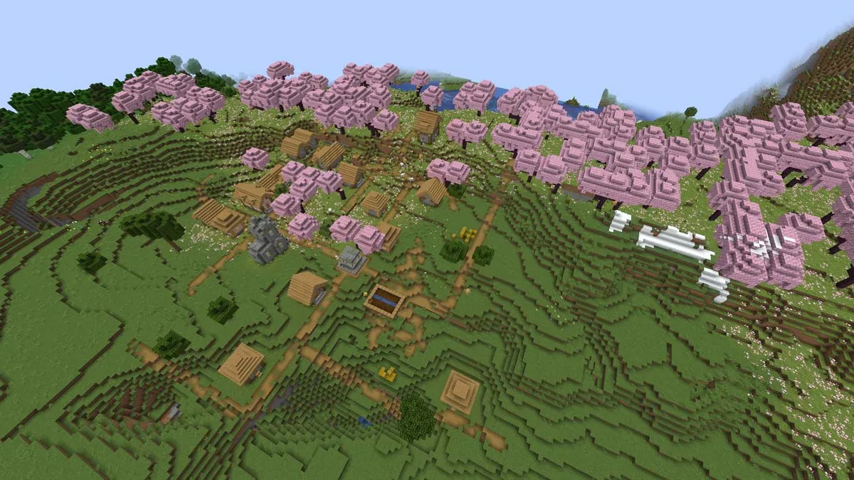 Cerisaie et village dans Minecraft