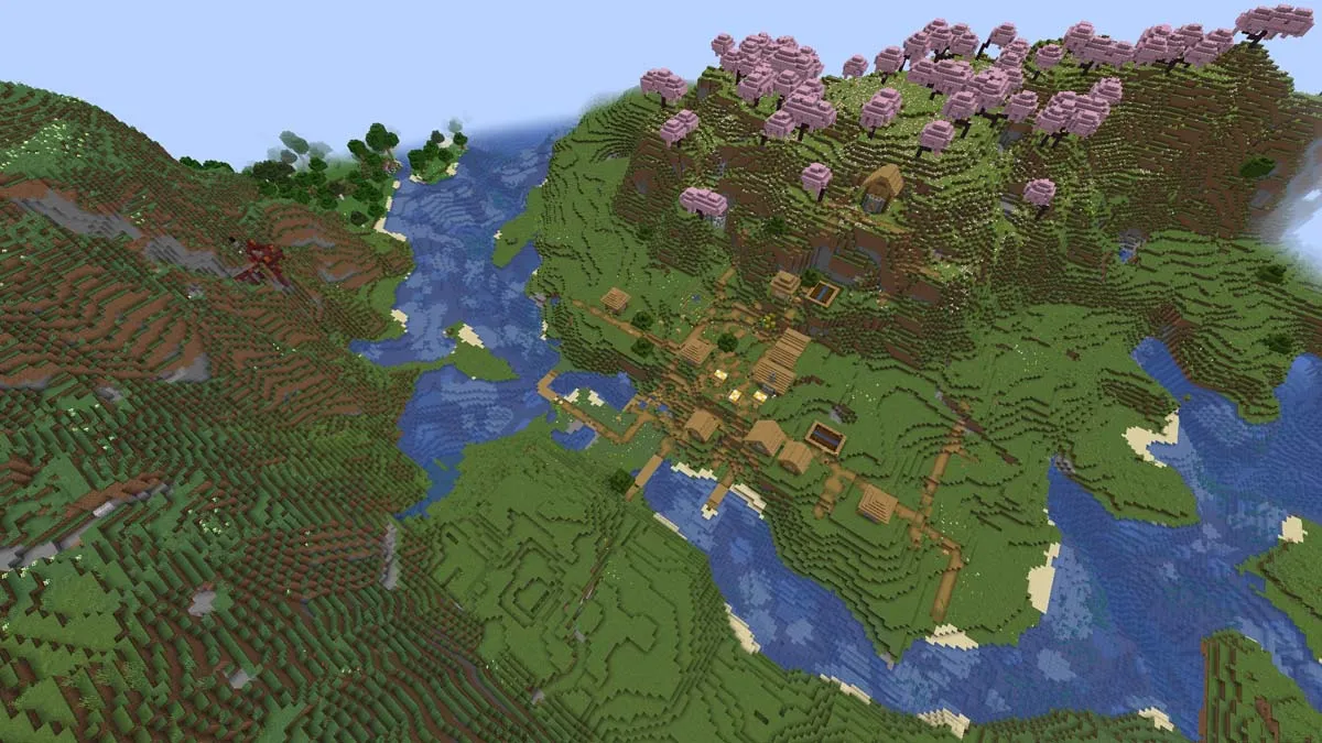 Cerisaie et village dans Minecraft
