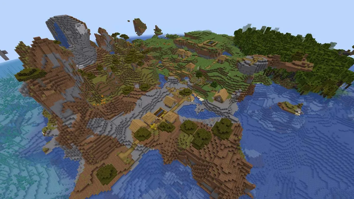 Collines et village balayés par le vent dans Minecraft