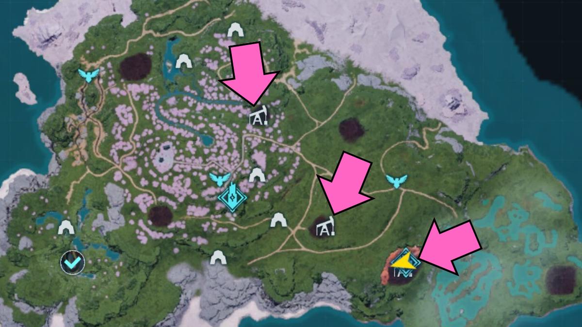 Emplacements des fermes pétrolières sur la carte Sakurajima dans Palworld