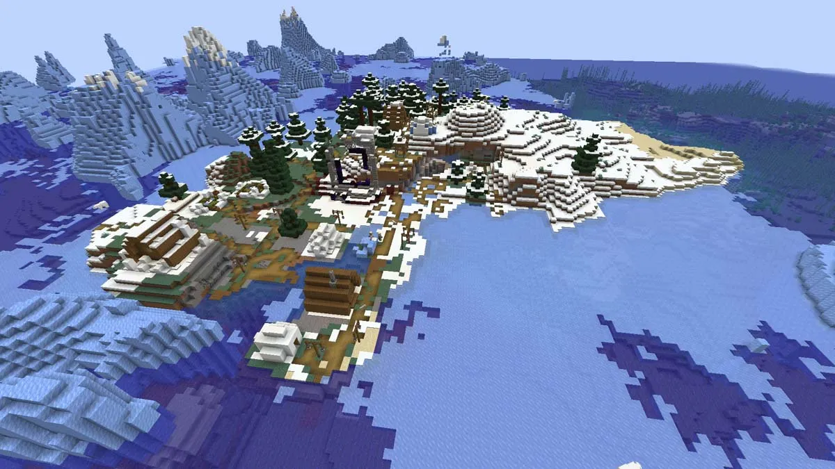 Portail et village en ruine exposés dans Minecraft