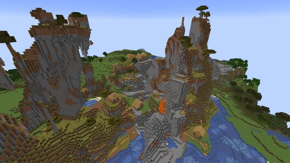 Collines et village balayés par le vent dans Minecraft