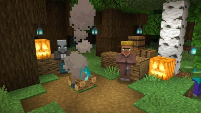 Villagers stand in front of a campfire in Minecraft