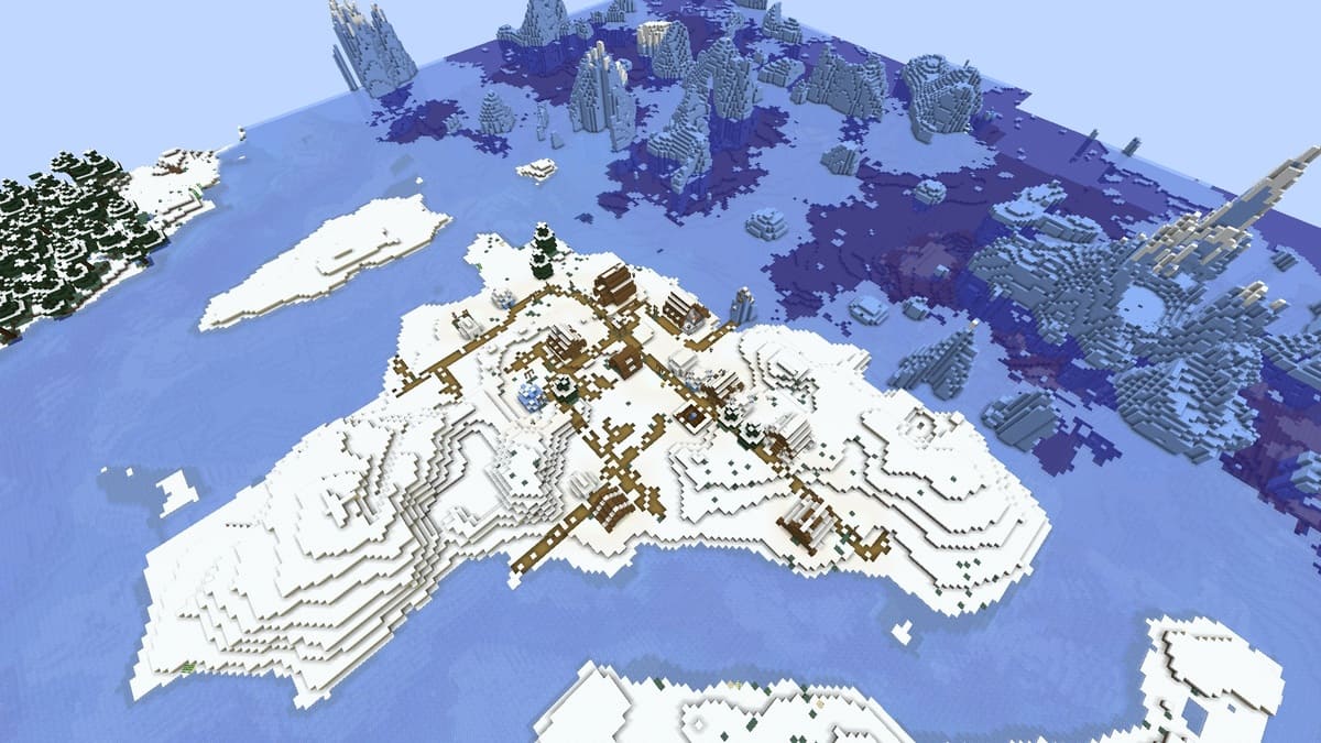 Village insulaire enneigé dans Minecraft