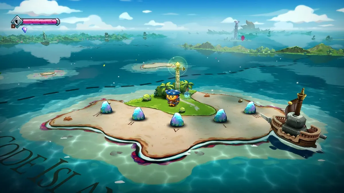 Le protagoniste de Cat Quest 3 sur une île, résolvant une énigme.
