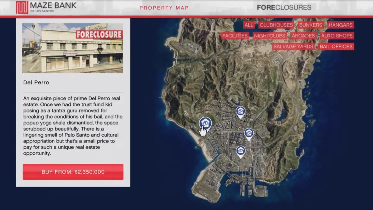 Tous les emplacements des bureaux de caution indiqués sur la carte de GTA Online