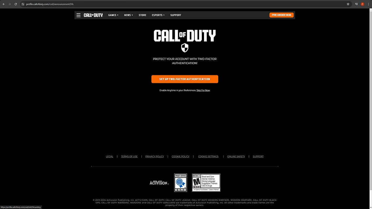 Invite d'authentification à deux facteurs du compte Call of Duty