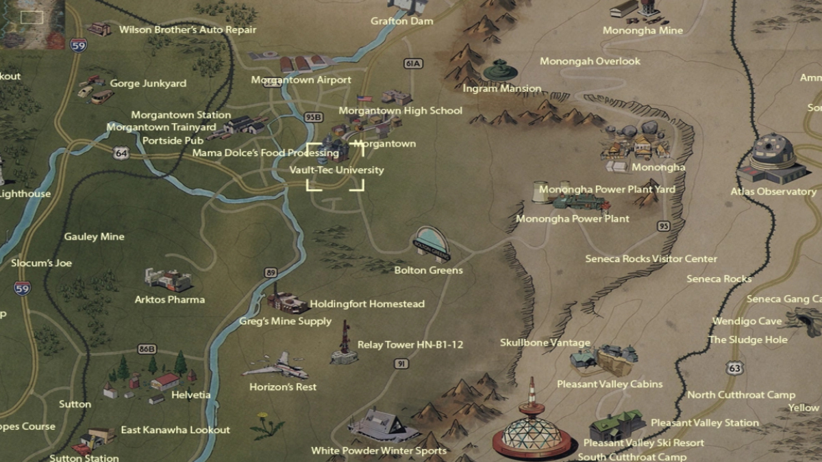 Emplacement de l'Université Vault-Tec (VTU) indiqué sur la carte dans Fallout 76,