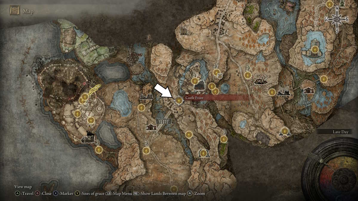 Carte montrant le site de grâce de Castle Front dans le DLC pour Elden Ring.