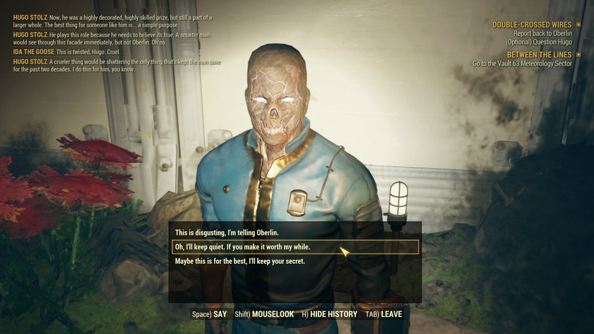 Faire chanter Hugo pour des Caps lors de la quête Double-Crossed Wires dans Fallout 76.