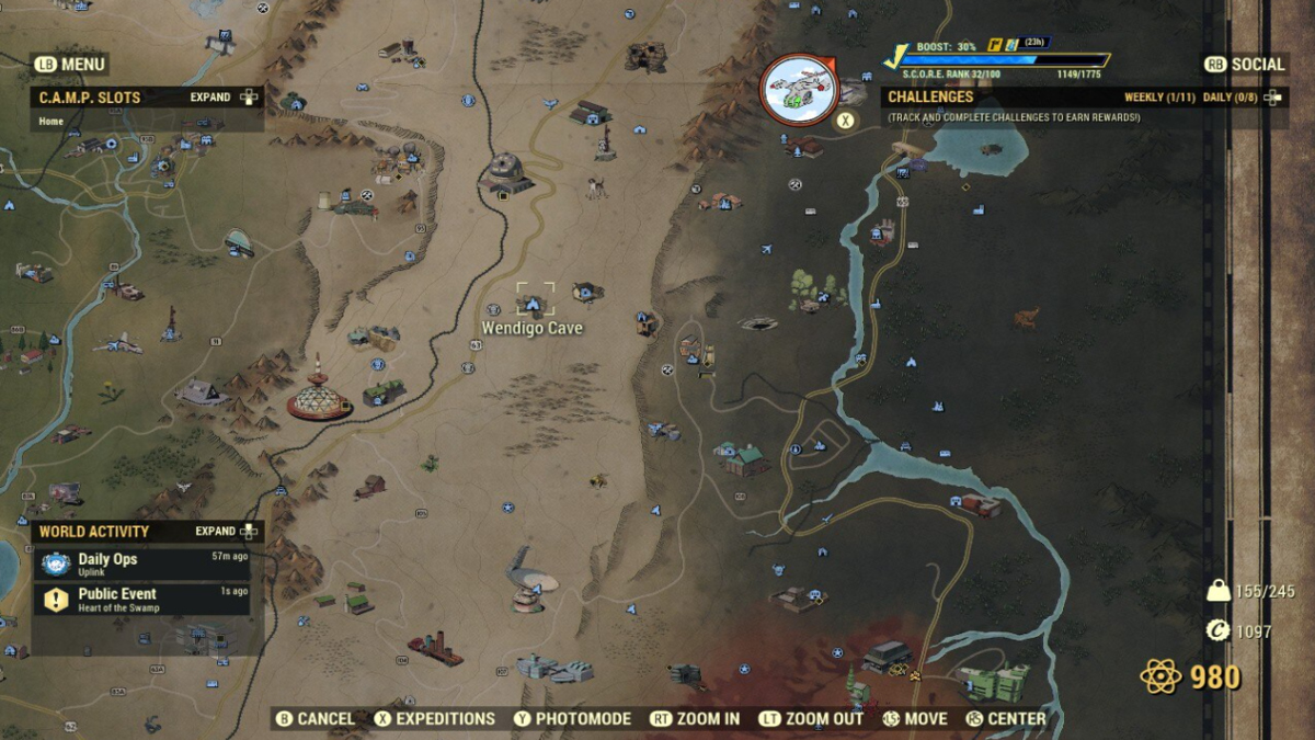 L'emplacement de la grotte Wendigo dans Fallout 76 est indiqué sur la carte.
