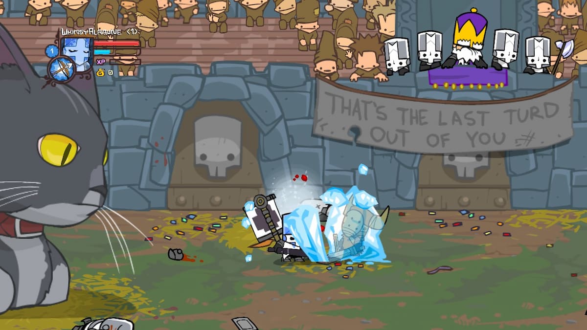 Le Chevalier Bleu qui gèle un ennemi barbare dans Castle Crashers