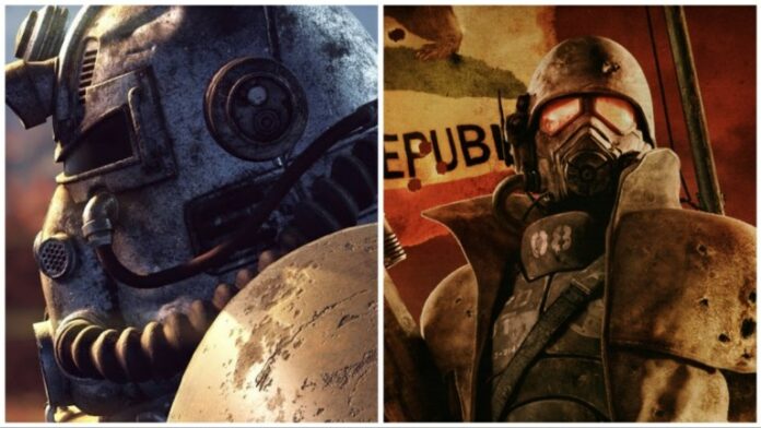 Split image of Fallout 76 power armor and New Vegas Courier