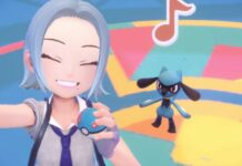 Player poses with her Riolu in Pokemon Violet