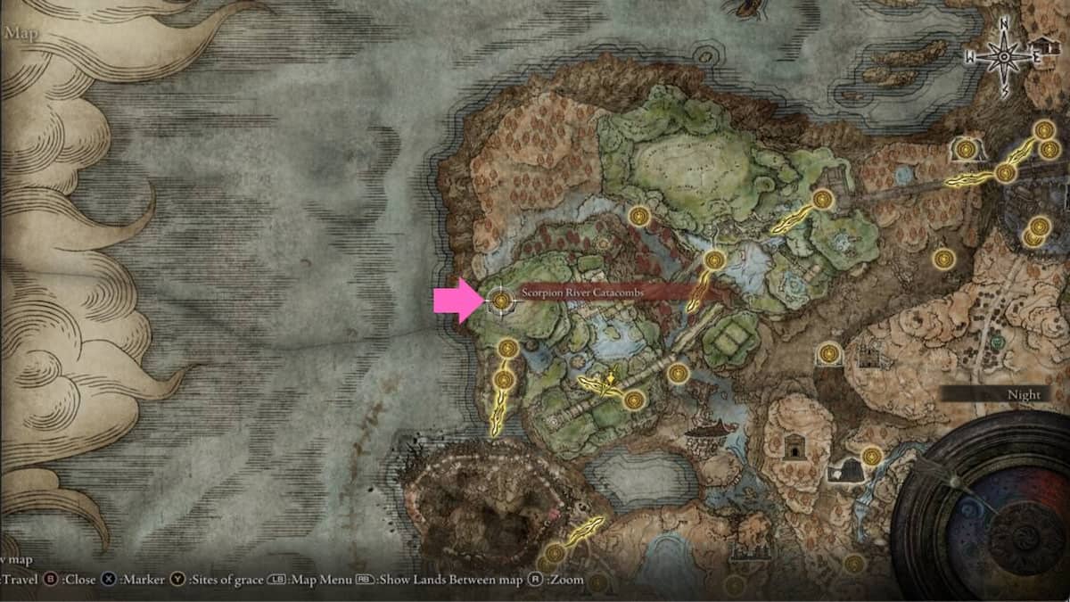 La carte Elden Ring en jeu montrant l'emplacement des catacombes de la rivière Scorpion