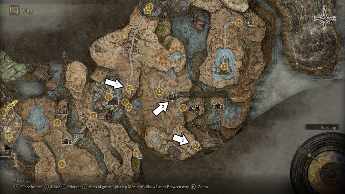 Carte montrant les ruines de Moorth par rapport au Highroad Cross Grace dans le DLC pour Elden Ring.