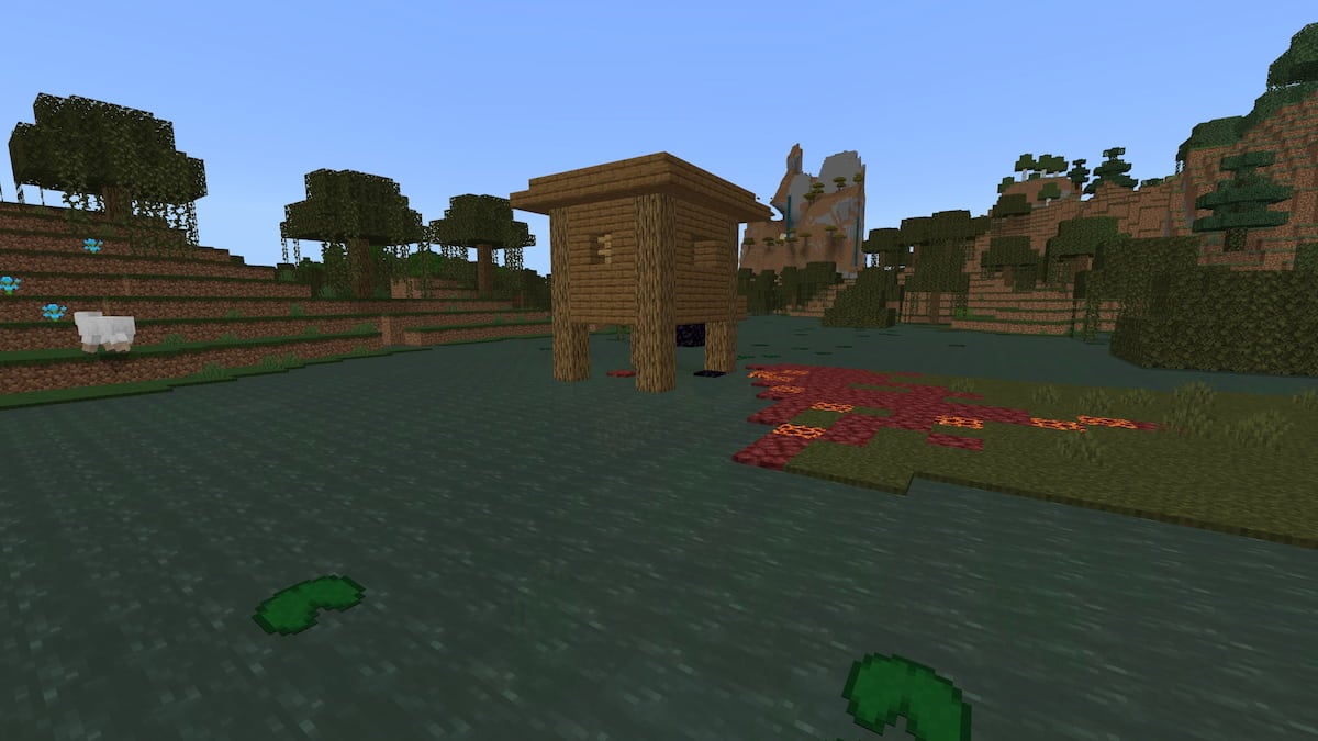 Une cabane de sorcière Minecraft au-dessus d'un portail en ruine