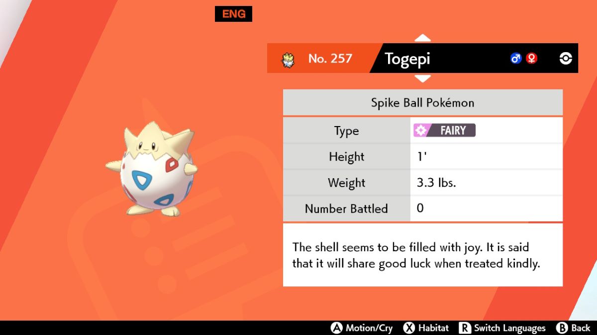Entrée du Pokédex de Togepi dans Pokémon Épée