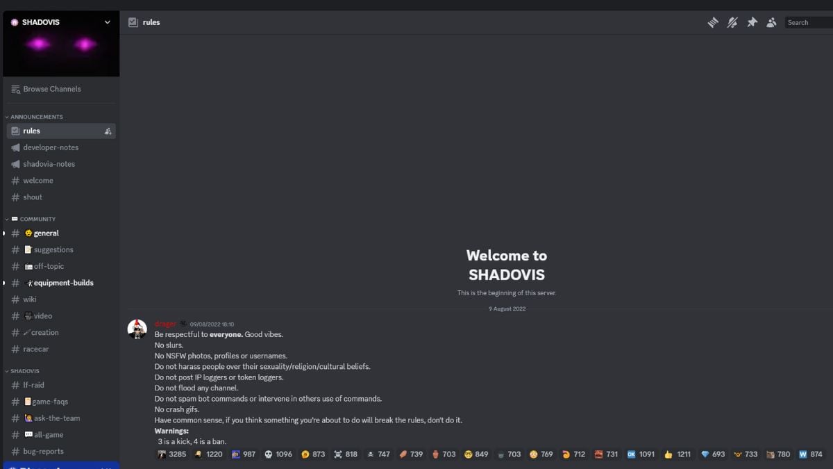 Message de bienvenue sur Discord pour le RPG Shadovis de Roblox