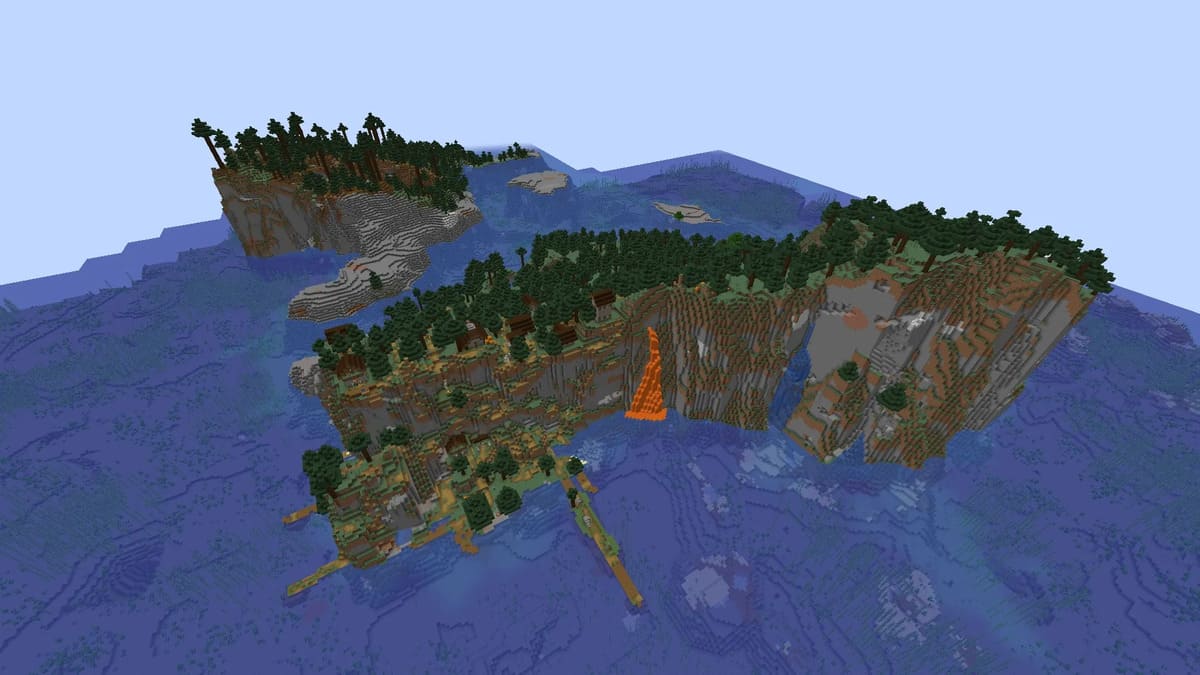 Chute de lave et village dans Minecraft