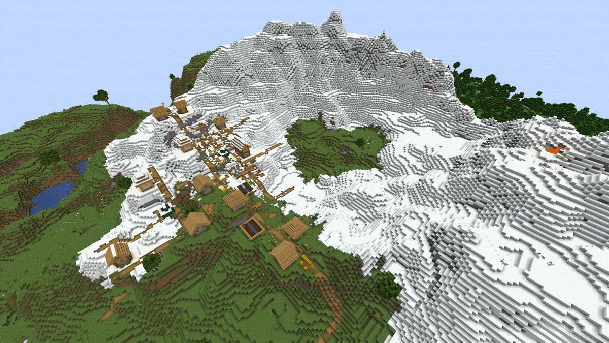 Pentes enneigées et village dans Minecraft
