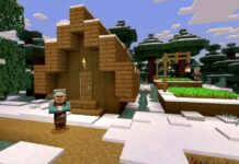 Villager stands in fron of the house in Minecraft