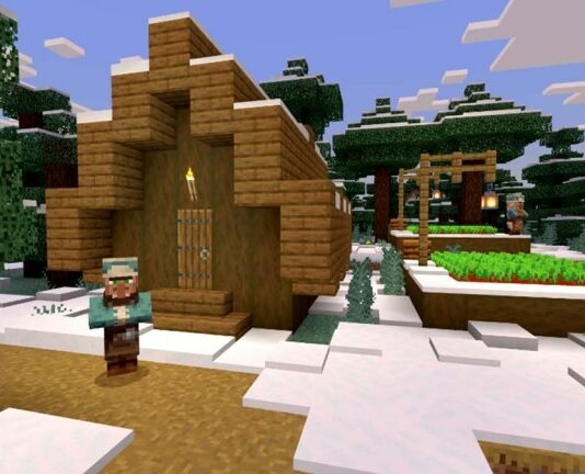 Villager stands in fron of the house in Minecraft
