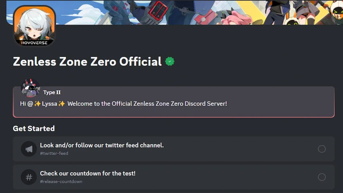 Le message d'intégration pour les nouveaux membres du groupe Discord Zenless Zone Zero. 