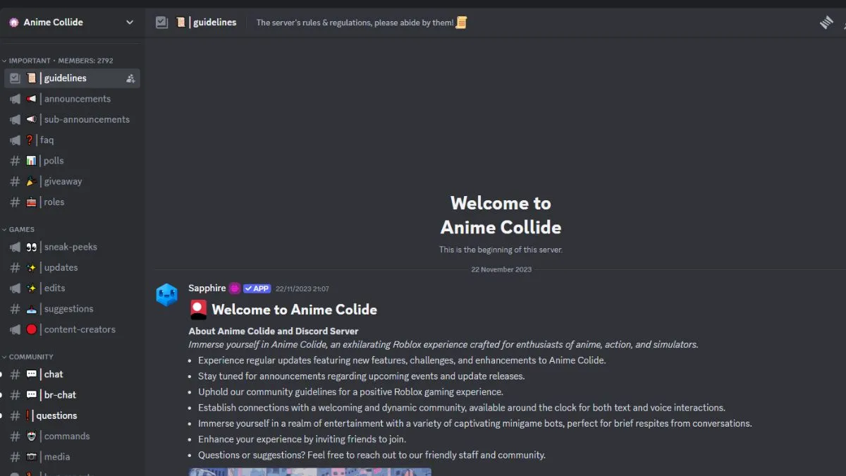 Message de bienvenue du serveur Discord d'Anime Collide